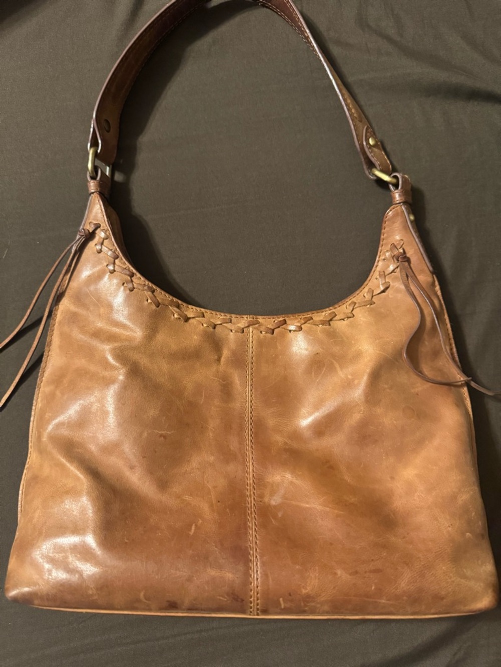 Soft Tan Leather Shoulder Bag with Braided Trim